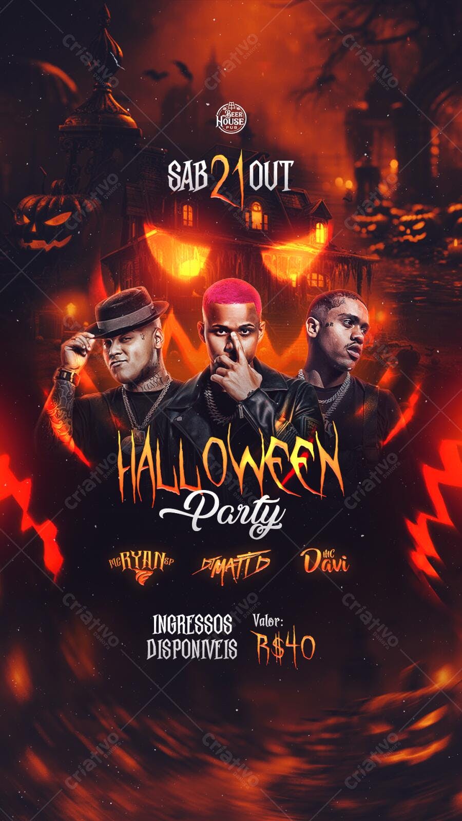 Flyer Festa Halloween com MC Ryan SP, DJ Matte e Davi PSD Editável