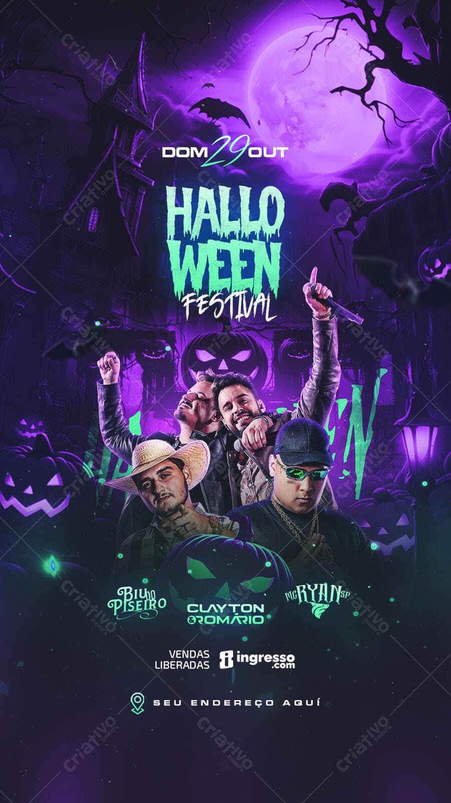 Flyer para Festa de Halloween com Bilu Pisero, Clayton & Romário e Mc Ryan PSD Editável