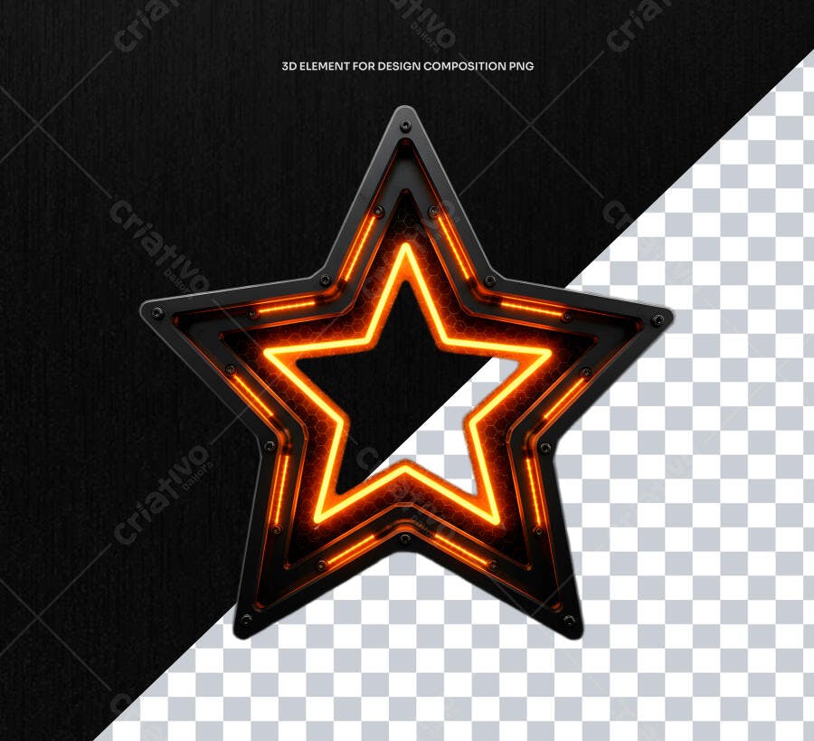 Selo 3D premiação estrela neon laranja e preto