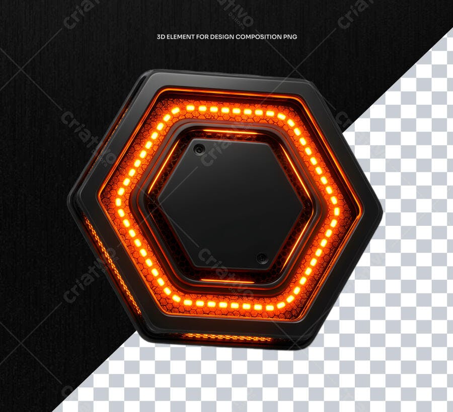 Selo 3D hexagonal preto com iluminação laranja