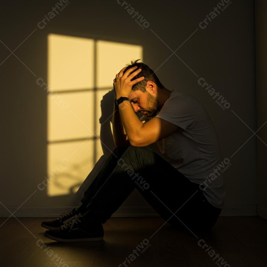 Homem triste sentado no chão em quarto escuro