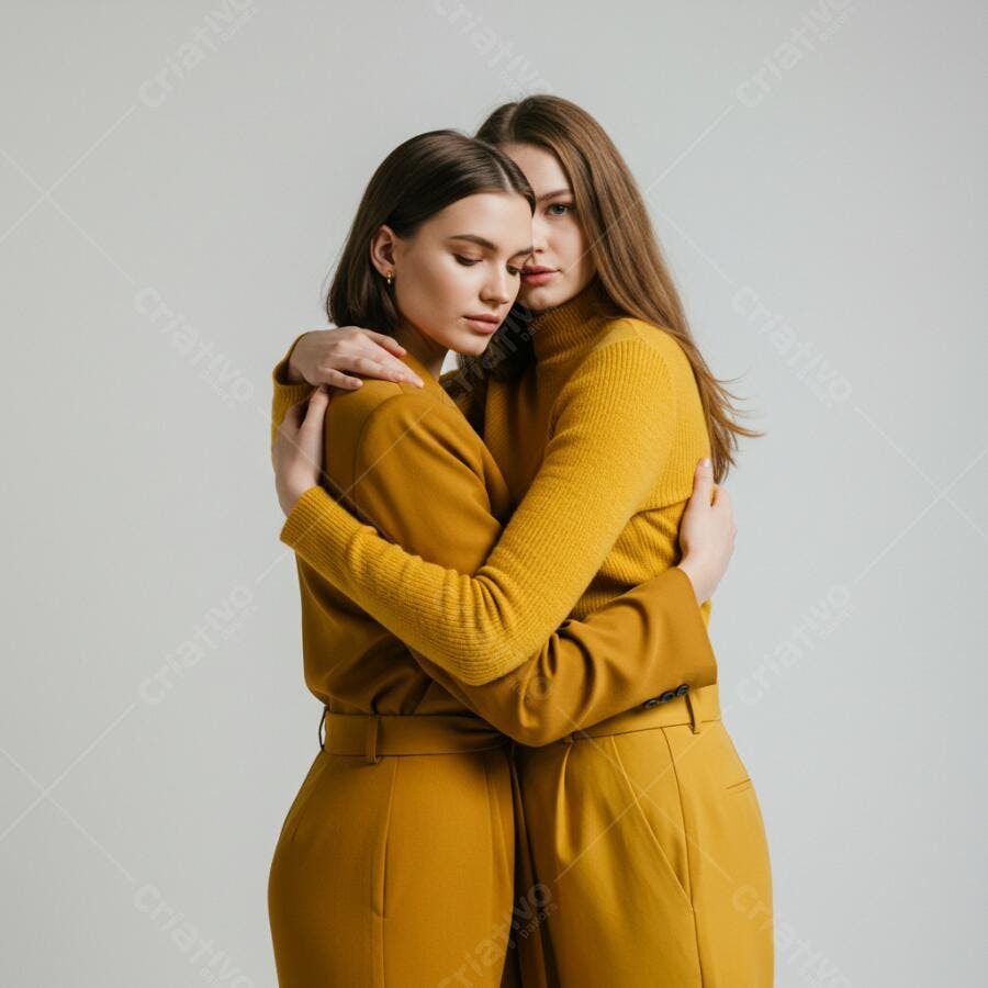 Duas mulheres abraçadas em tons de amarelo mostarda