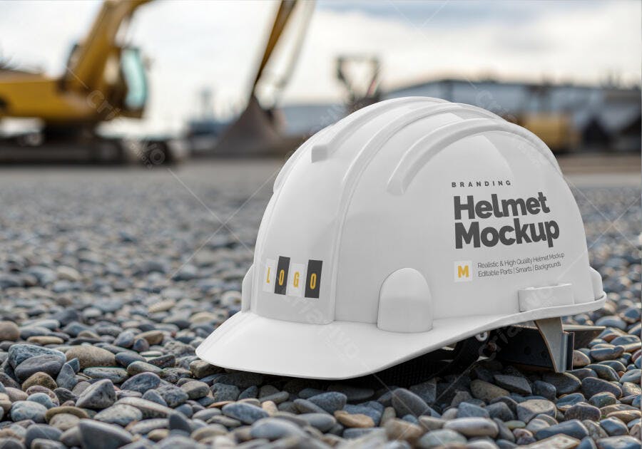 Mockup Realista de Capacete Branco em Ambiente de Construção