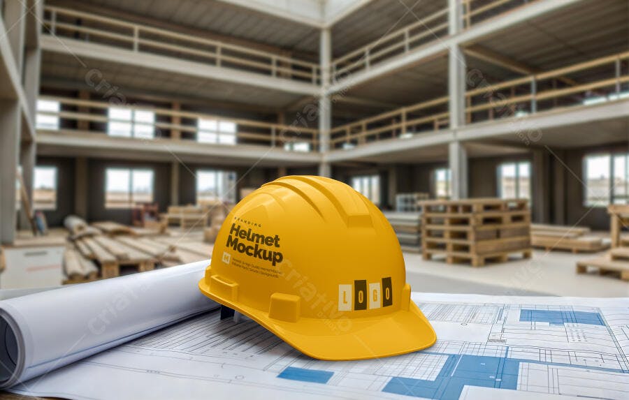 Mockup de Capacete Amarelo em Obra