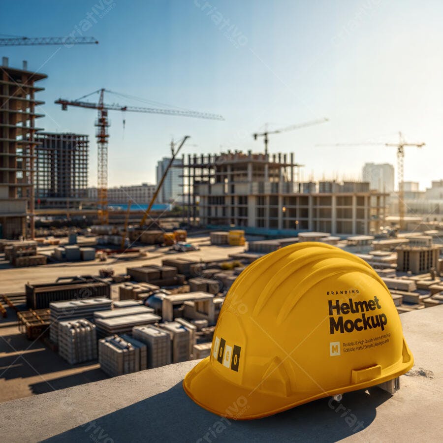 Mockup Realista de Capacete Amarelo em Obra