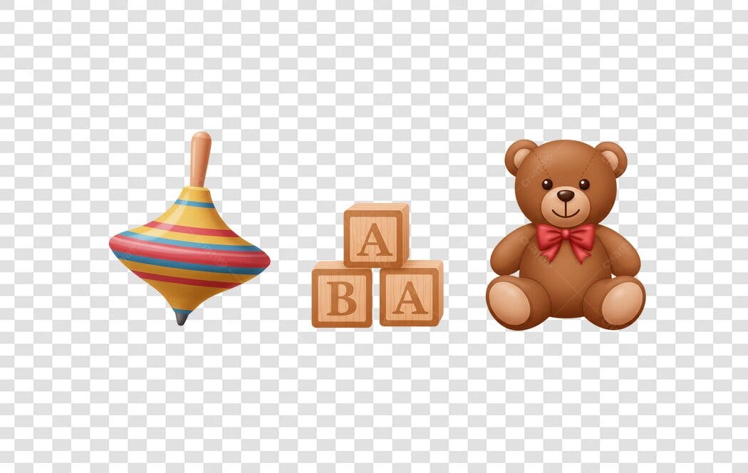 Icones de brinquedos Ursinho Blocos e Pião PNG com fundo transparente