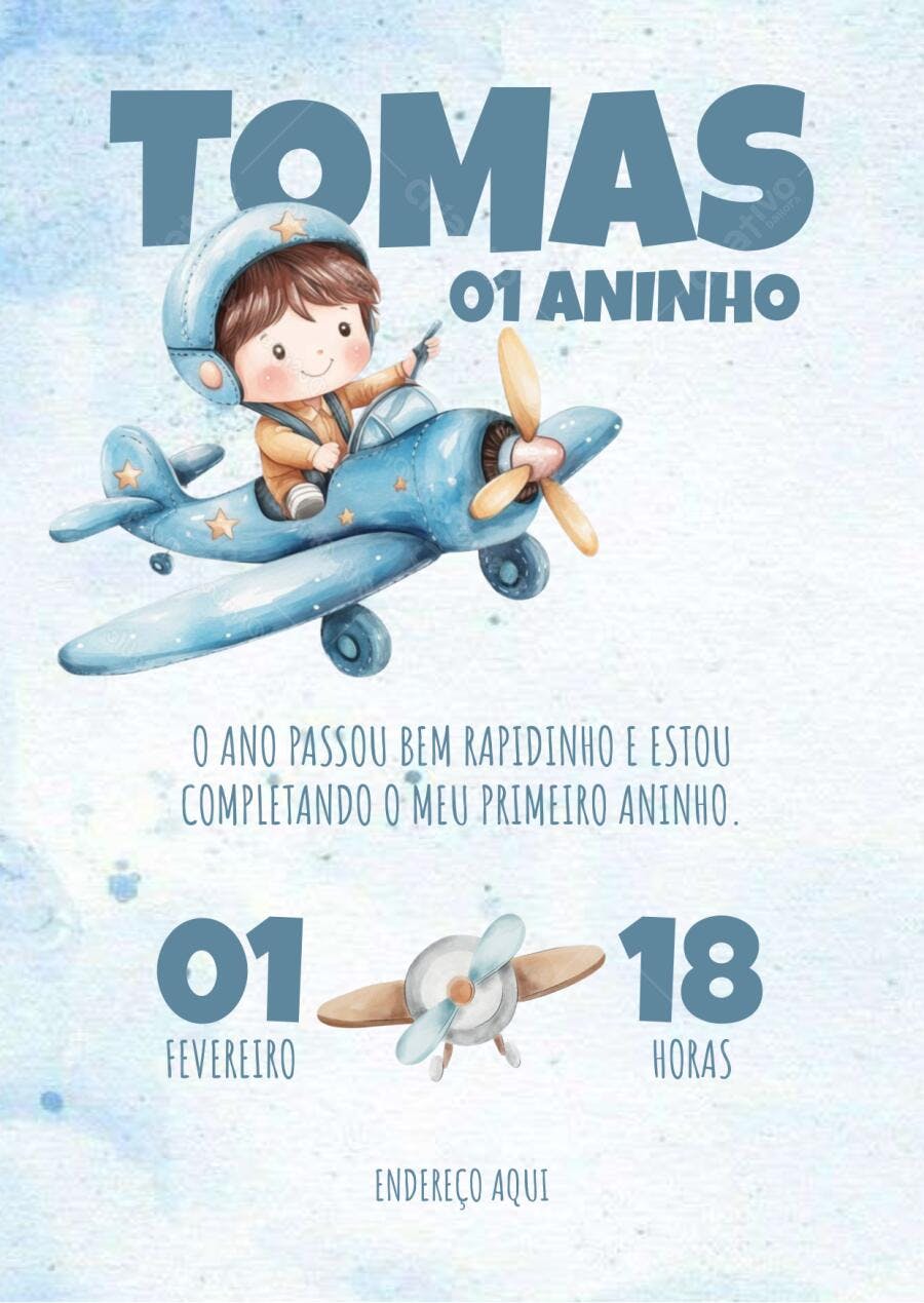 Convite Primeiro Aniversário Avião Bebê Azul Editável no Canva