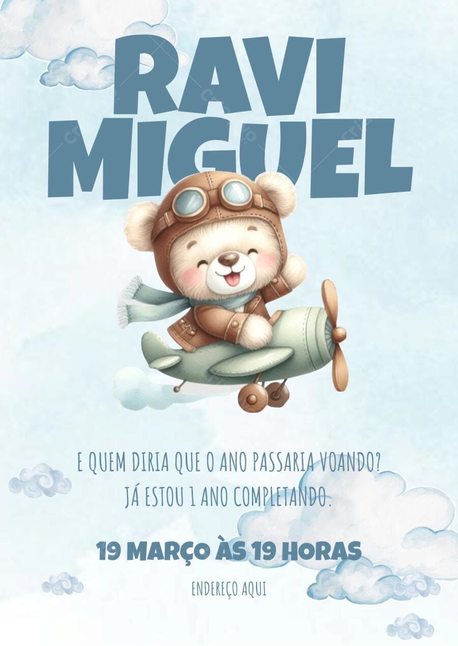 Convite de aniversário infantil Ursinho Aviador Azul e Bege Editável no Canva