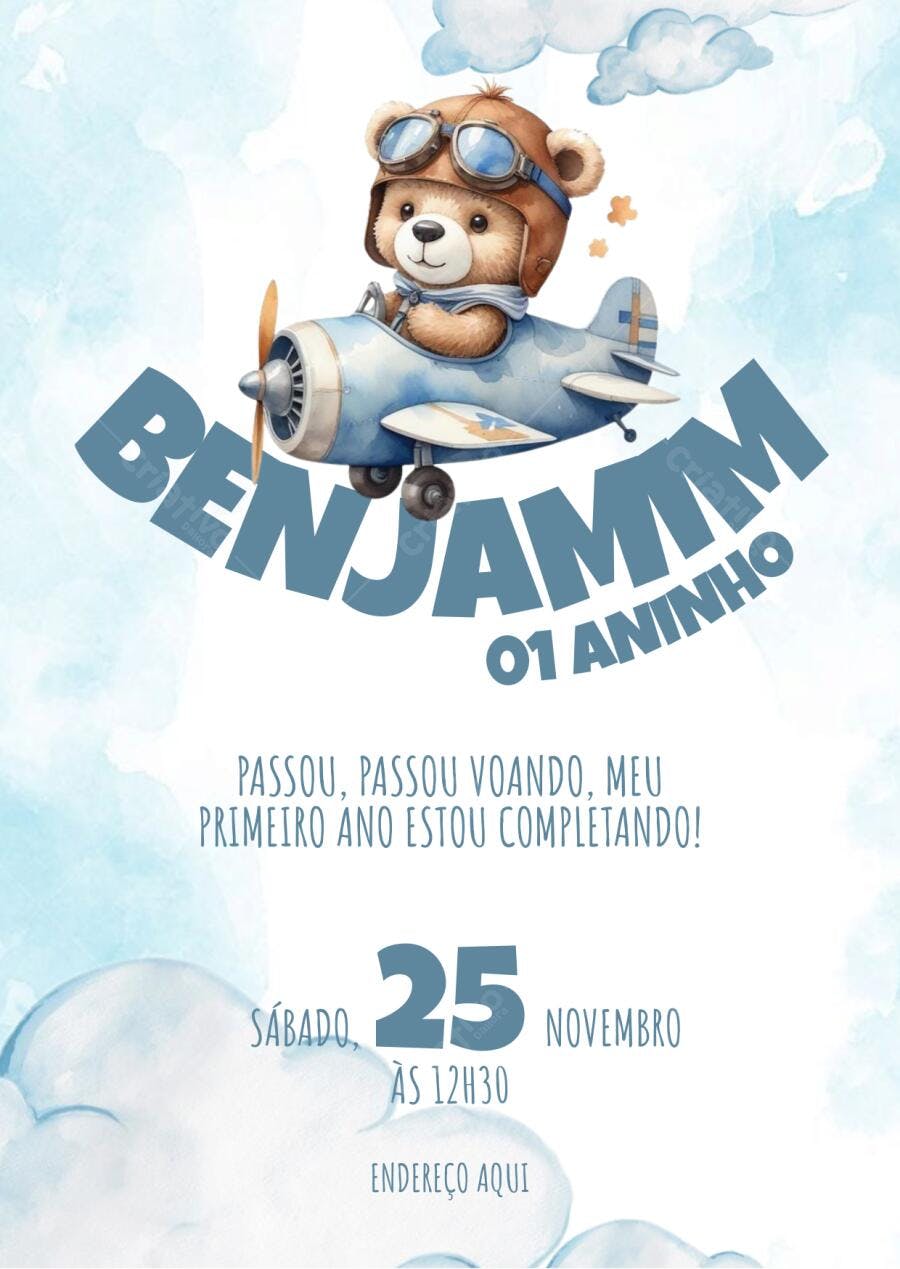 Convite Primeiro Aninho Ursinho Aviador Azul e Bege Editável no Canva