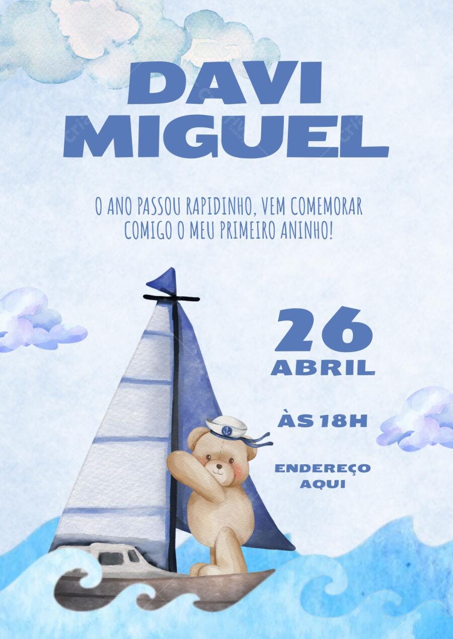 Convite Primeiro Aninho Ursinho Marinheiro Azul e Bege Editável no Canva