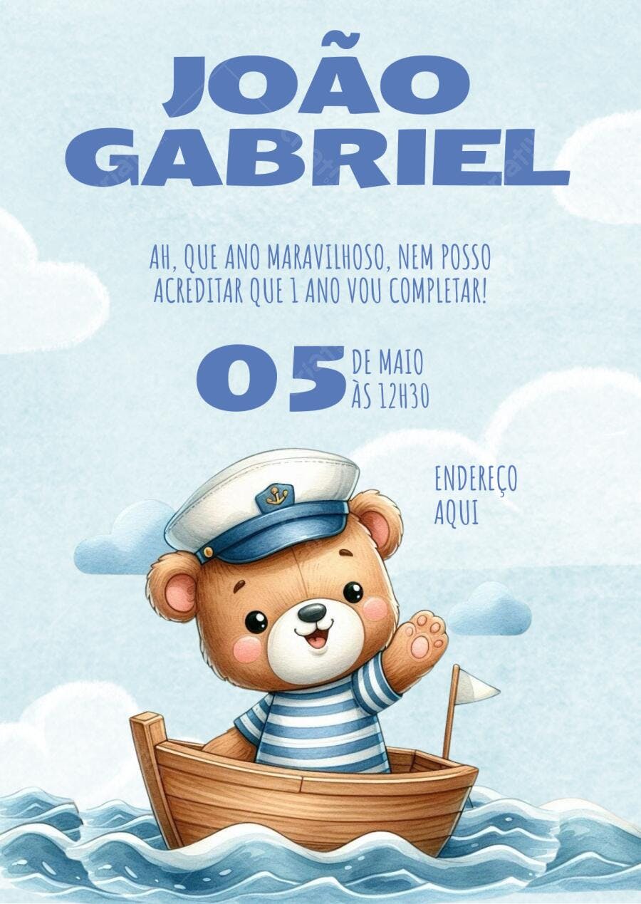 Convite de aniversário Ursinho Marinheiro 1 ano Editável no Canva