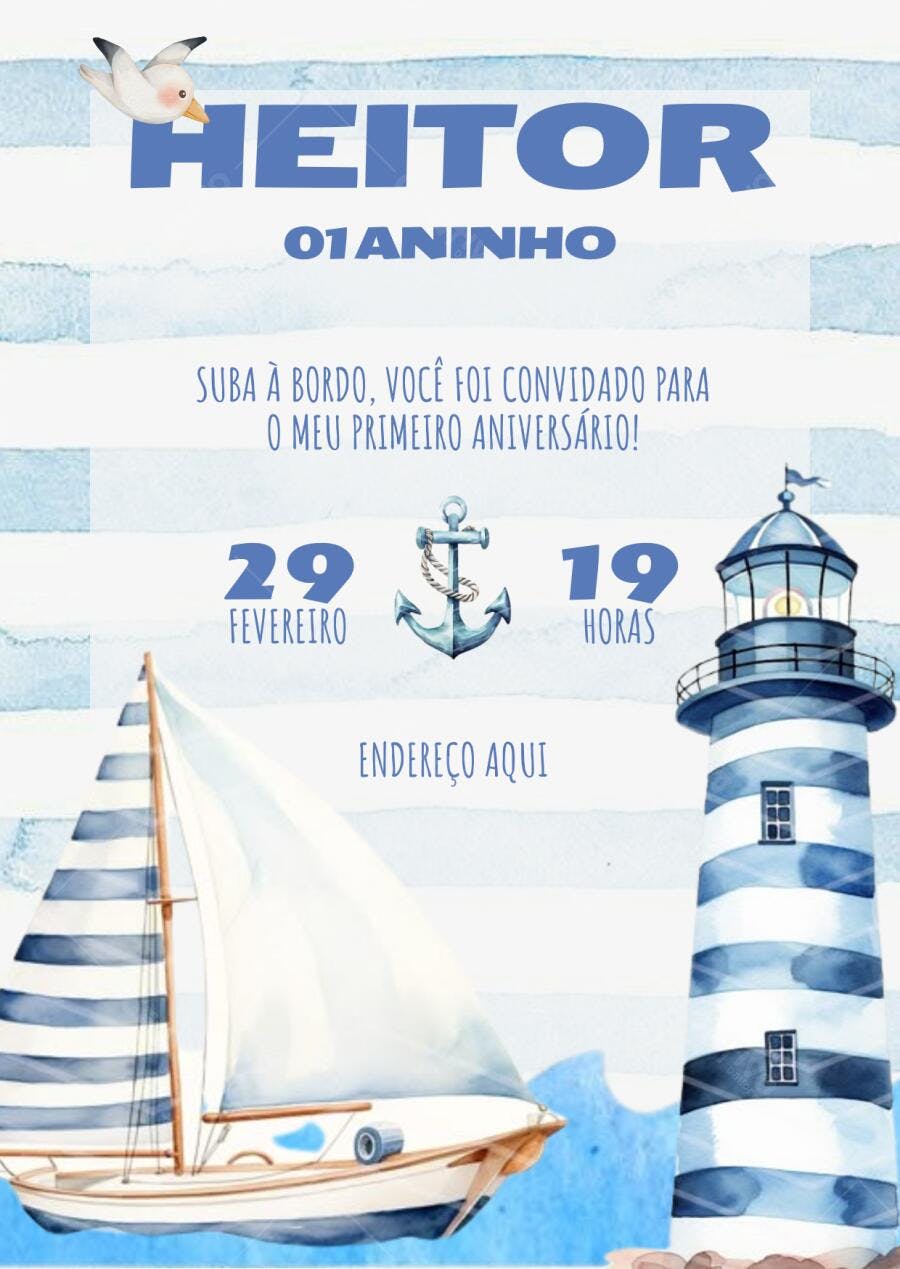 Convite Primeiro Aniversário Náutico Azul e Branco Editável no Canva