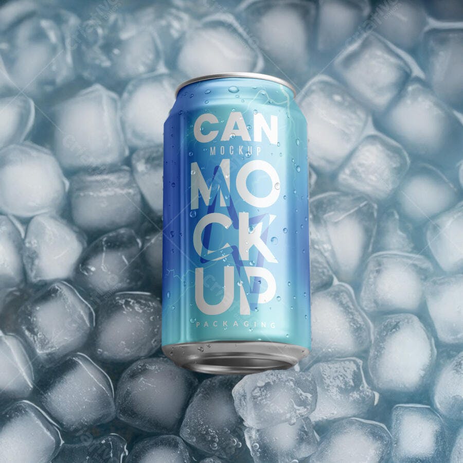 Mockup Realista de Lata de Bebida em Gelo