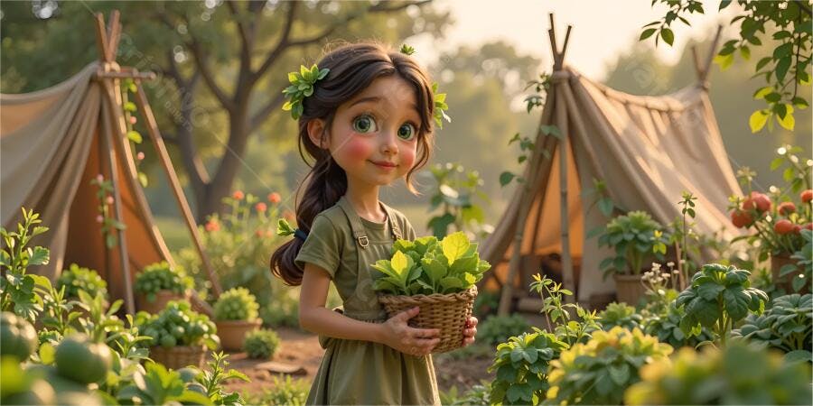 Menina em jardim com cesta de plantas