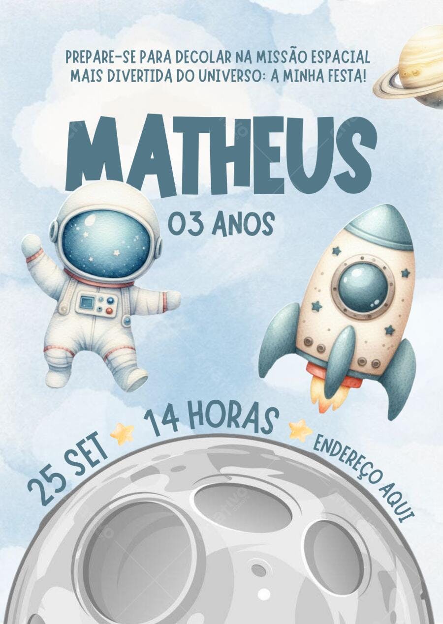 Convite de Aniversário Infantil Astronauta Foguete Editável no Canva