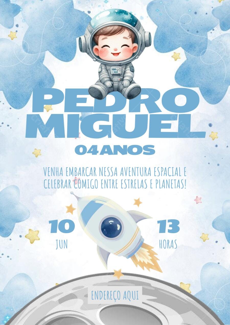 Convite de aniversário infantil tema espacial Astronauta Editável no Canva