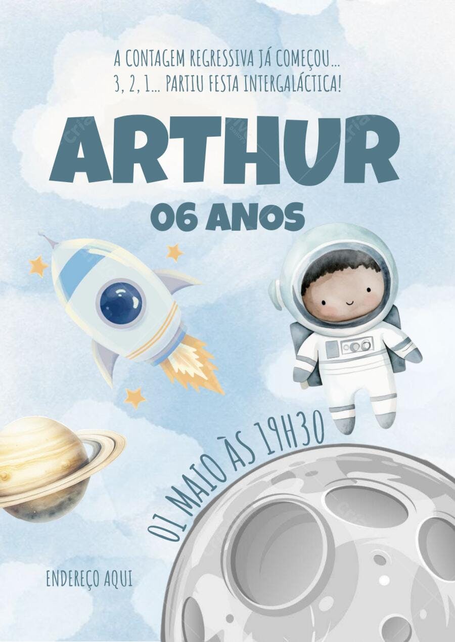 Convite Festa Infantil Astronauta Azul e Cinza Editável no Canva