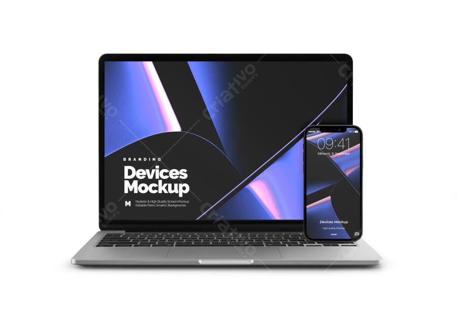 Mockup Realista: Notebook e Smartphone com Design Moderno