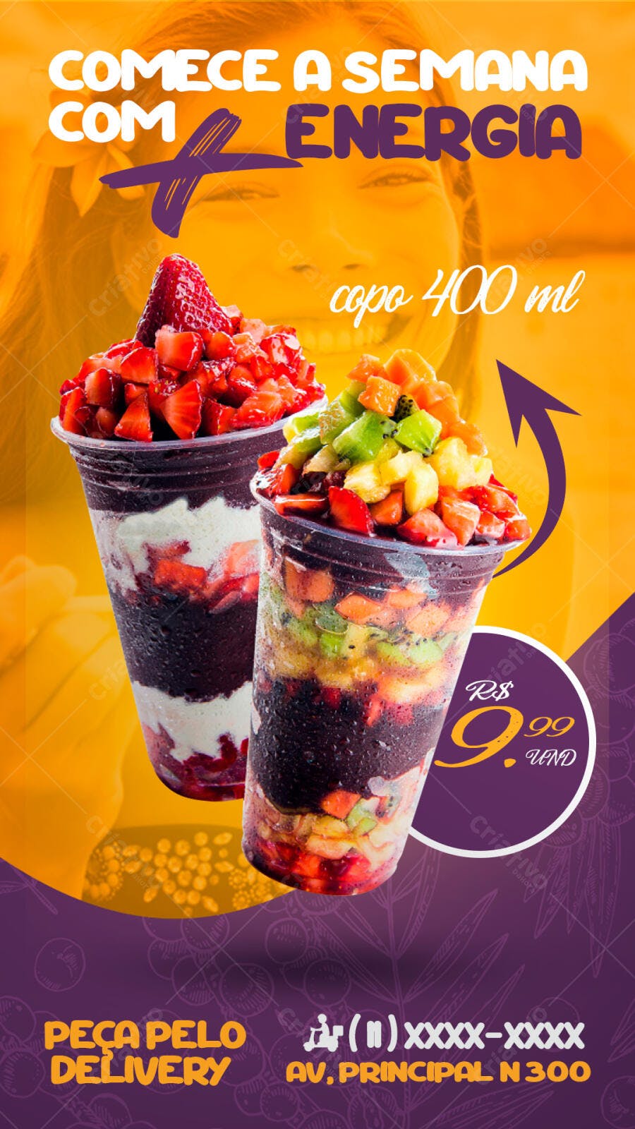 Flyer para Açaí com Frutas PSD Editável