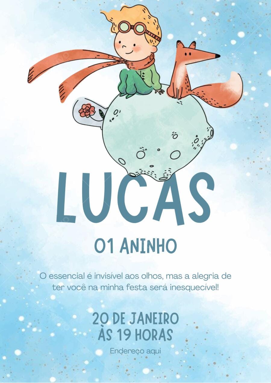 Convite de aniversário infantil O Pequeno Príncipe Editável no Canva