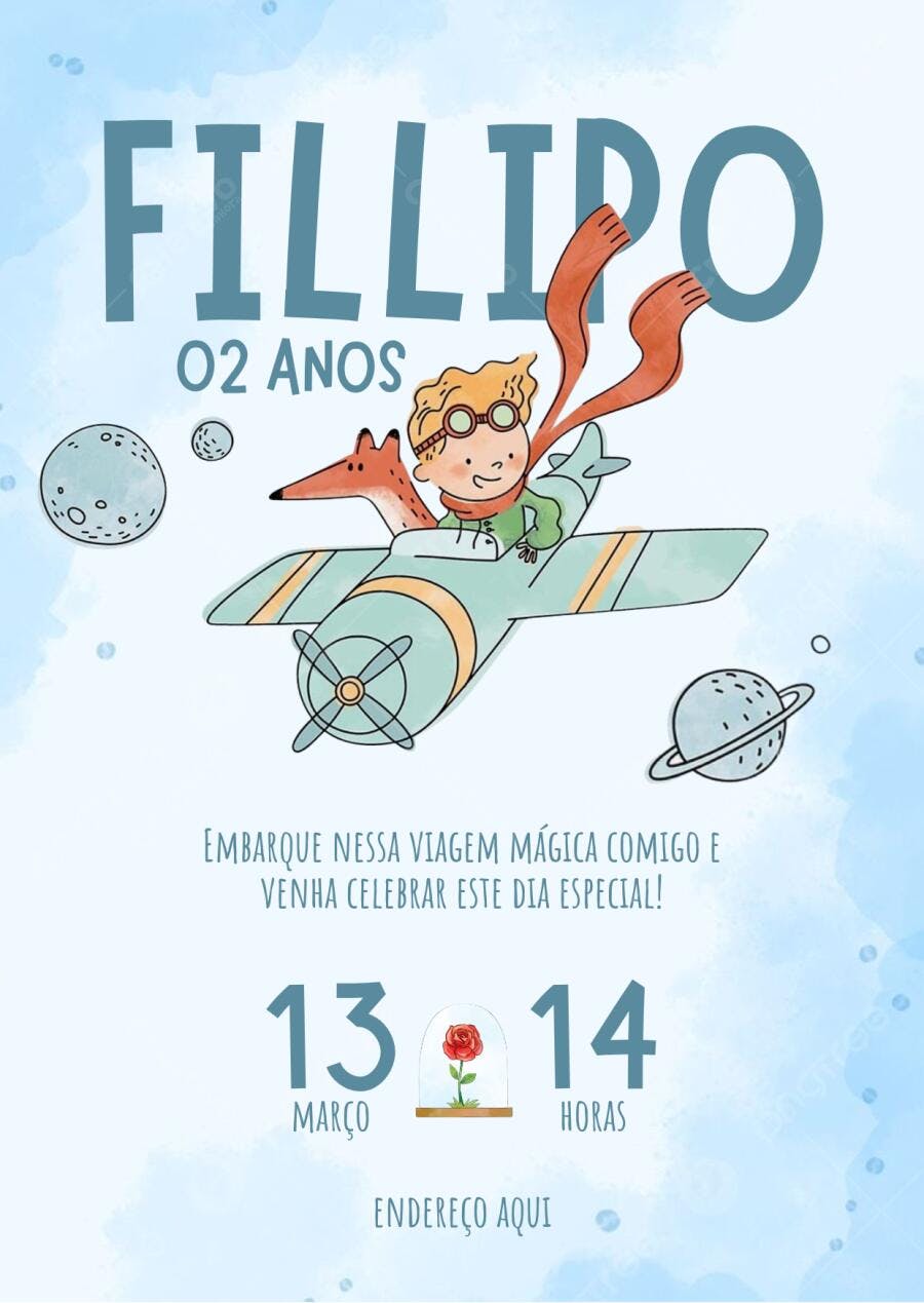 Convite de Aniversário Infantil Pequeno Príncipe Avião Editável no Canva