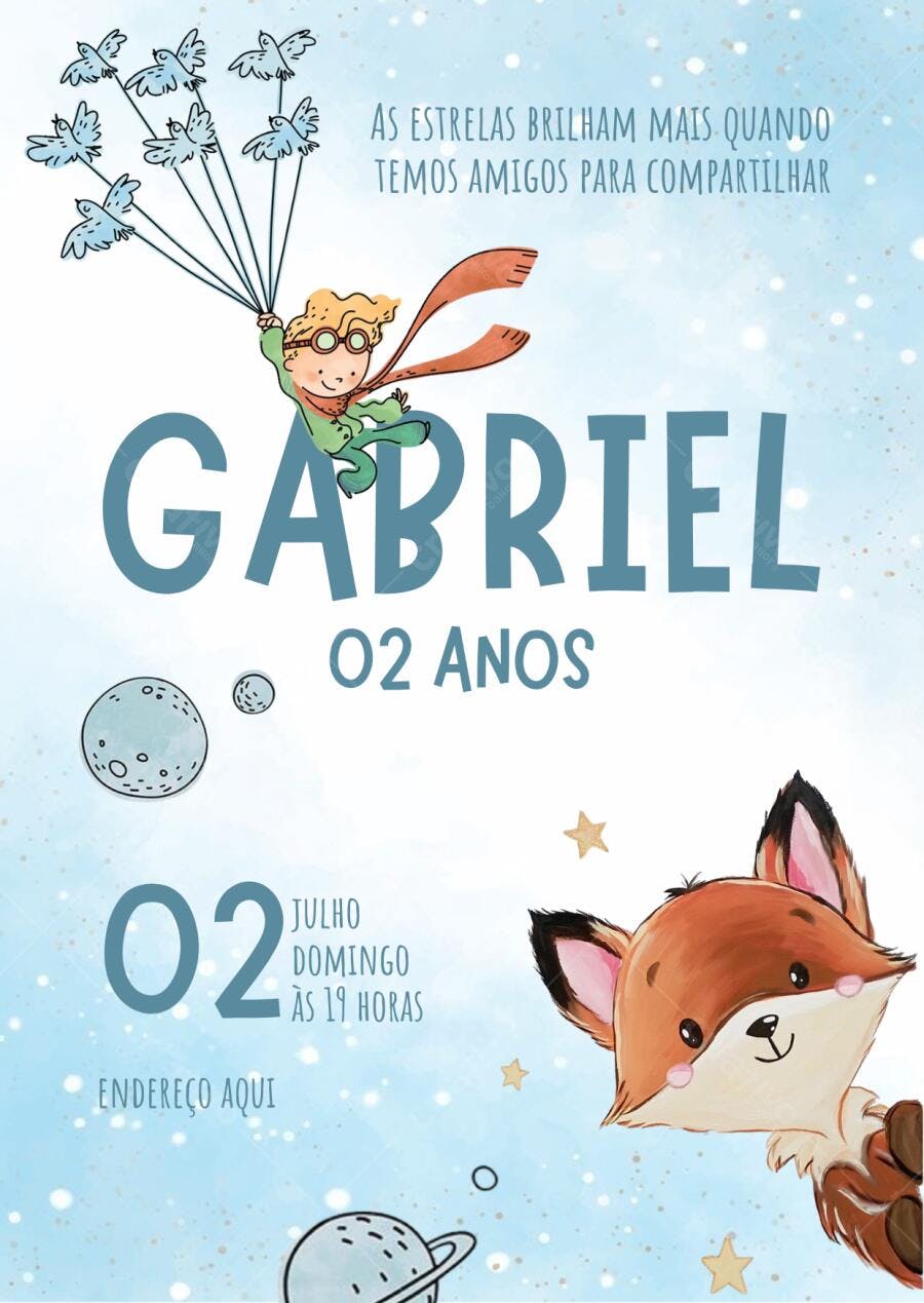 Convite de Aniversário Pequeno Príncipe Azul e Laranja Editável no Canva