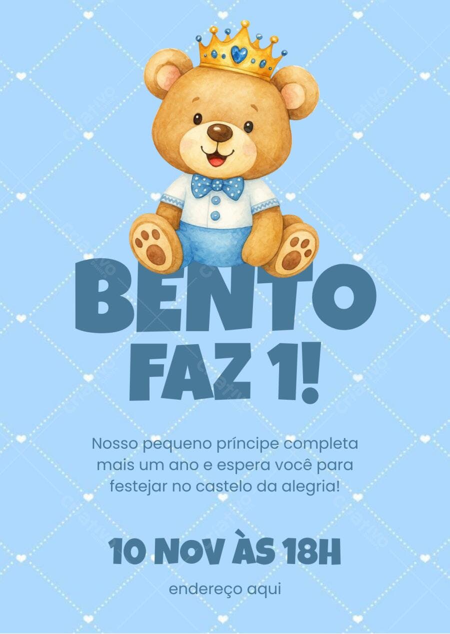 Convite de aniversário Ursinho Príncipe 1 ano Editável no Canva