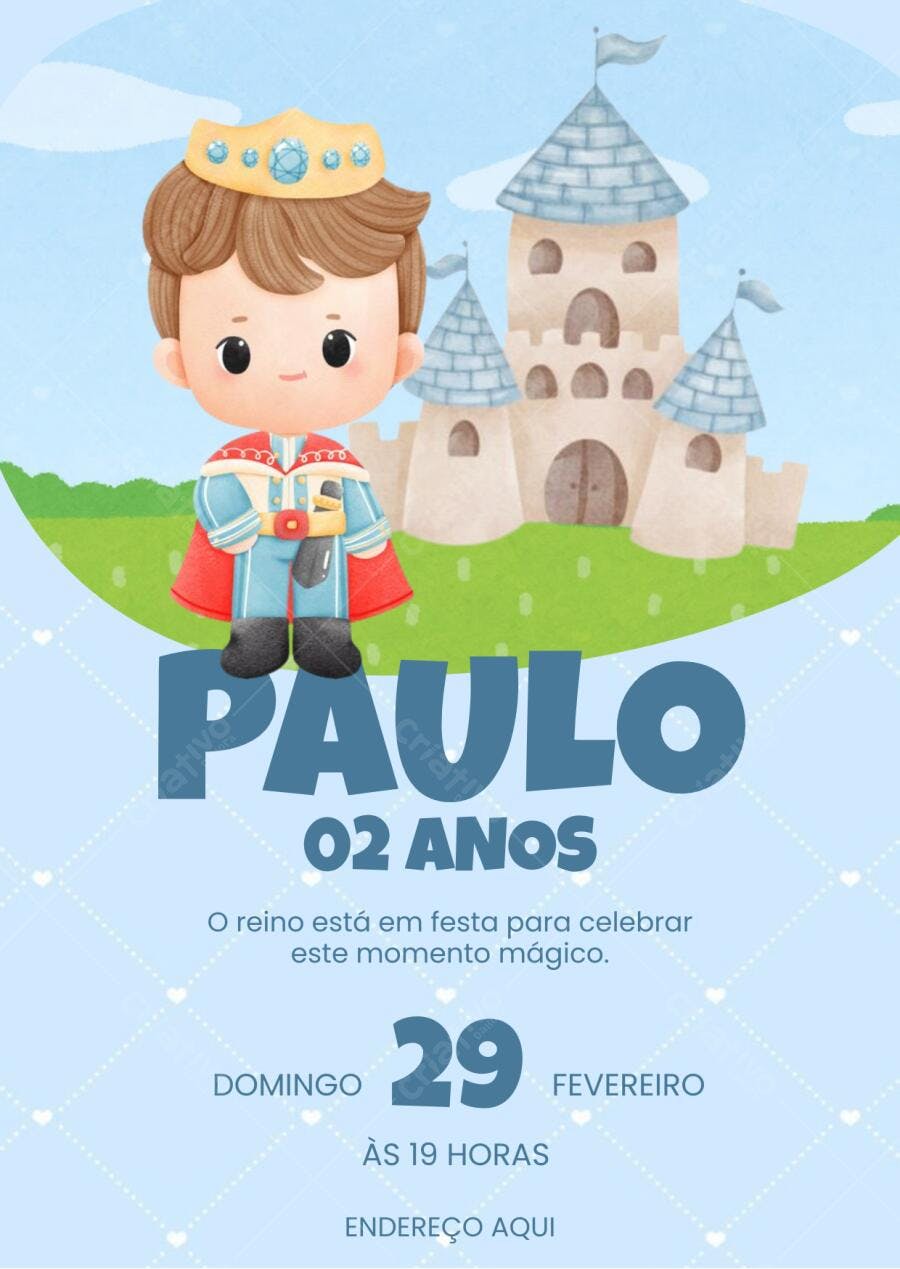 Convite de Aniversário Infantil Príncipe Castelo Azul Editável no Canva
