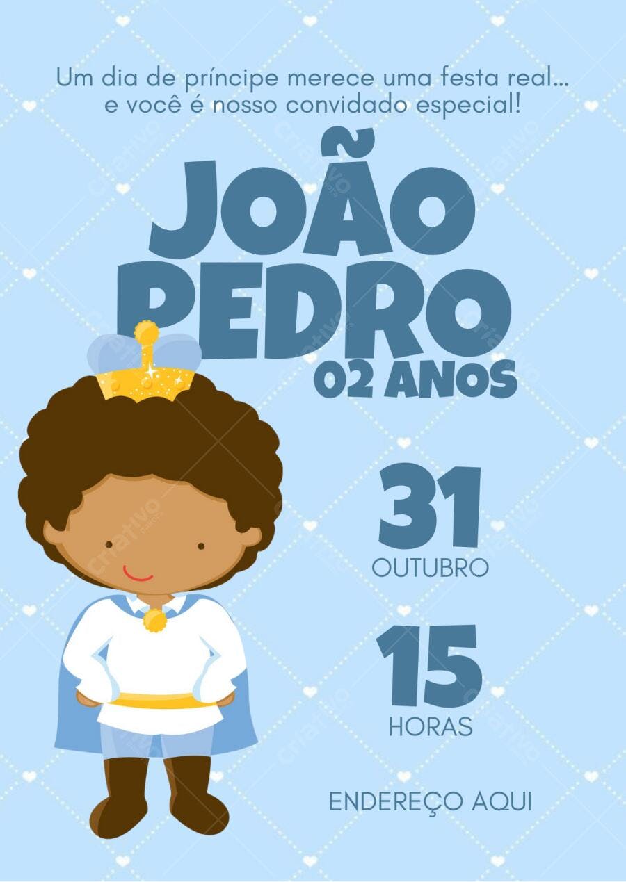 Convite de Aniversário Infantil Príncipe Azul Editável no Canva
