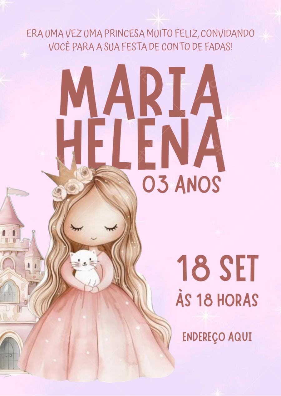 Convite de aniversário infantil princesa tema conto de fadas Editável no Canva