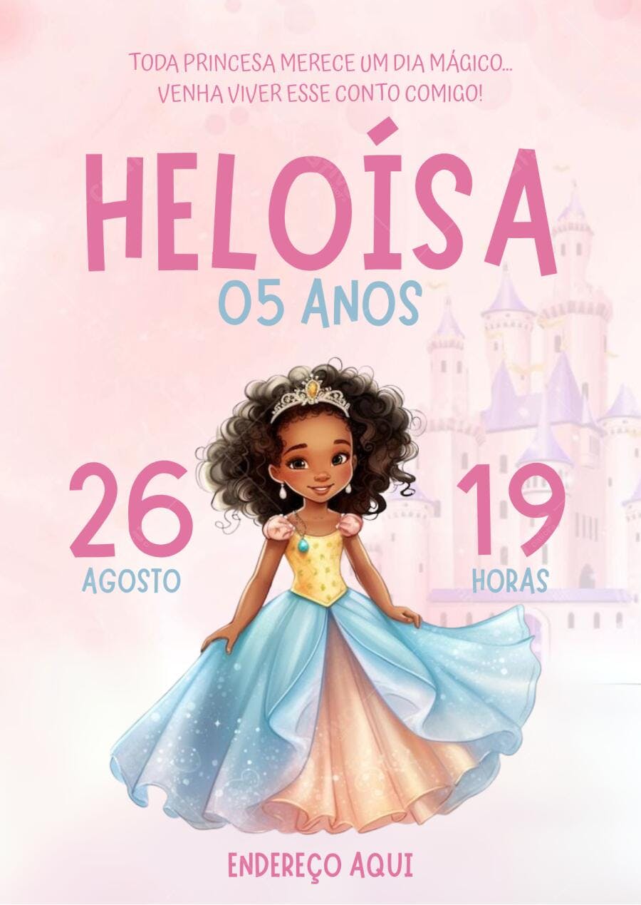 Convite Festa Infantil Princesa Afro Rosa e Azul Editável no Canva