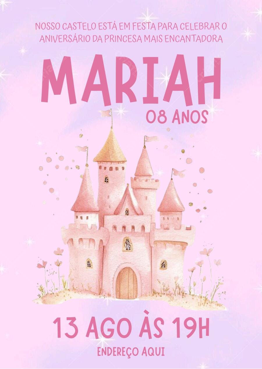 Convite de Aniversário Infantil Princesa Castelo Rosa Editável no Canva