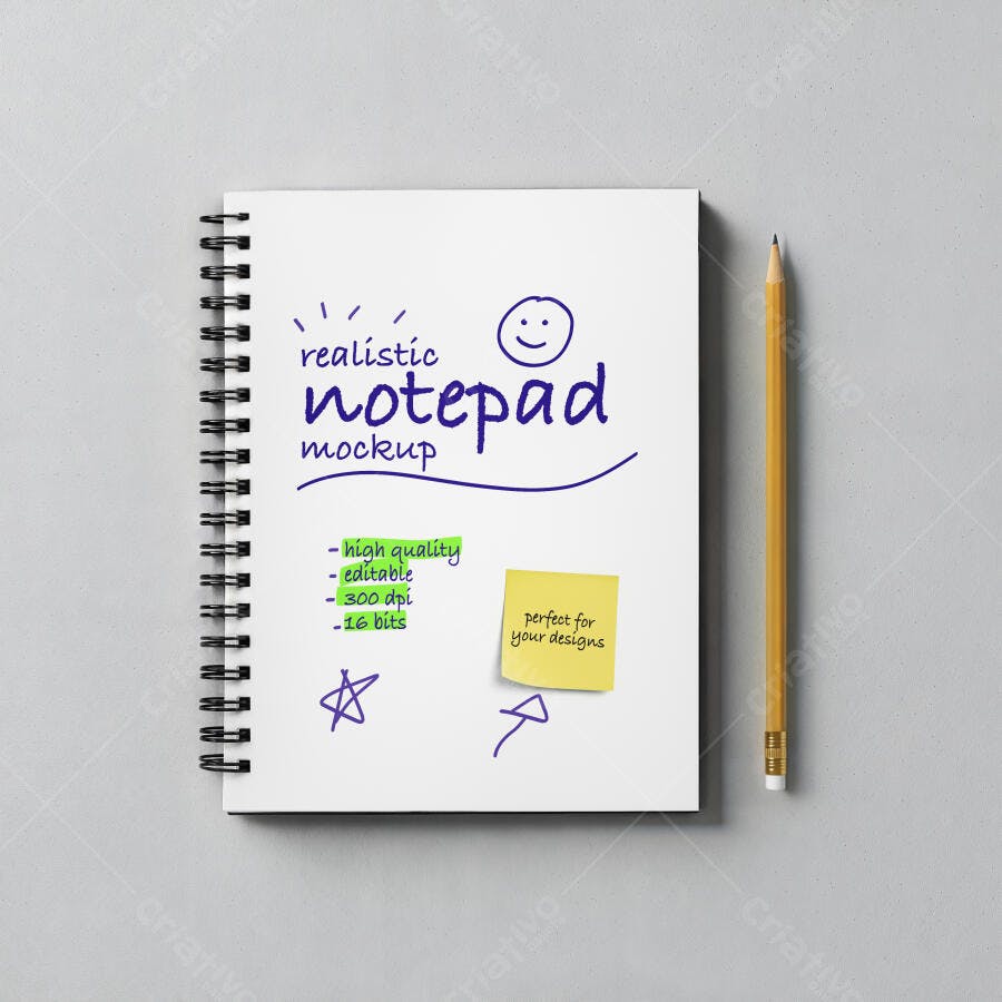 Mockup de Bloco de Notas Realista com Lápis