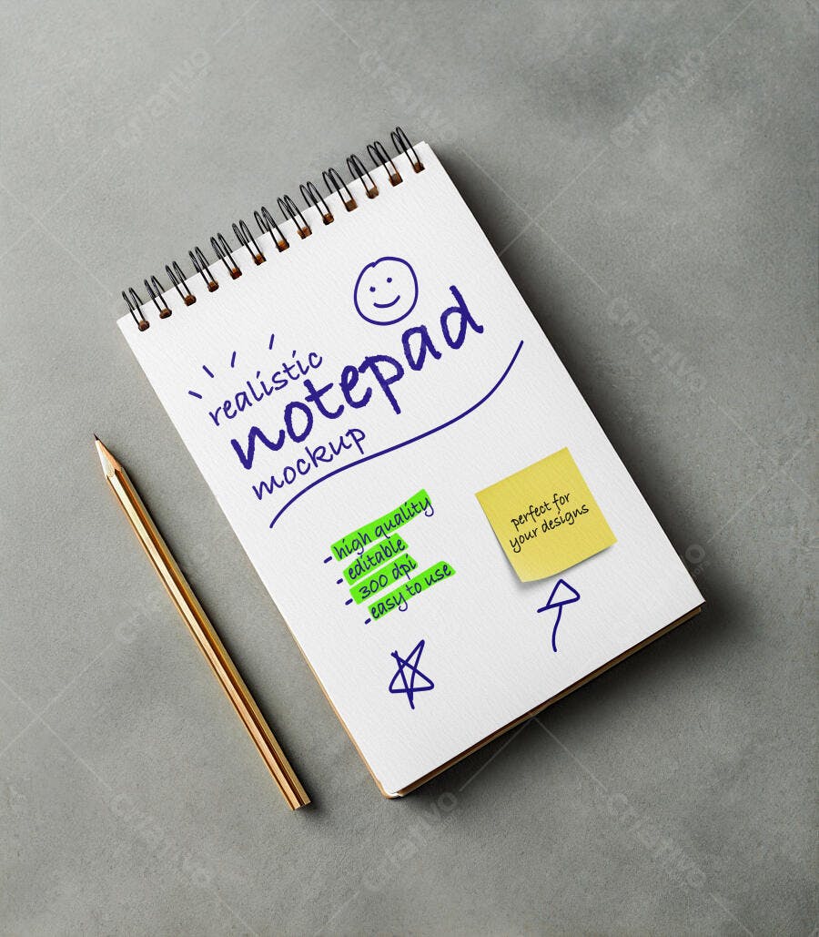 Mockup Realista de Bloco de Notas com Lápis Dourado