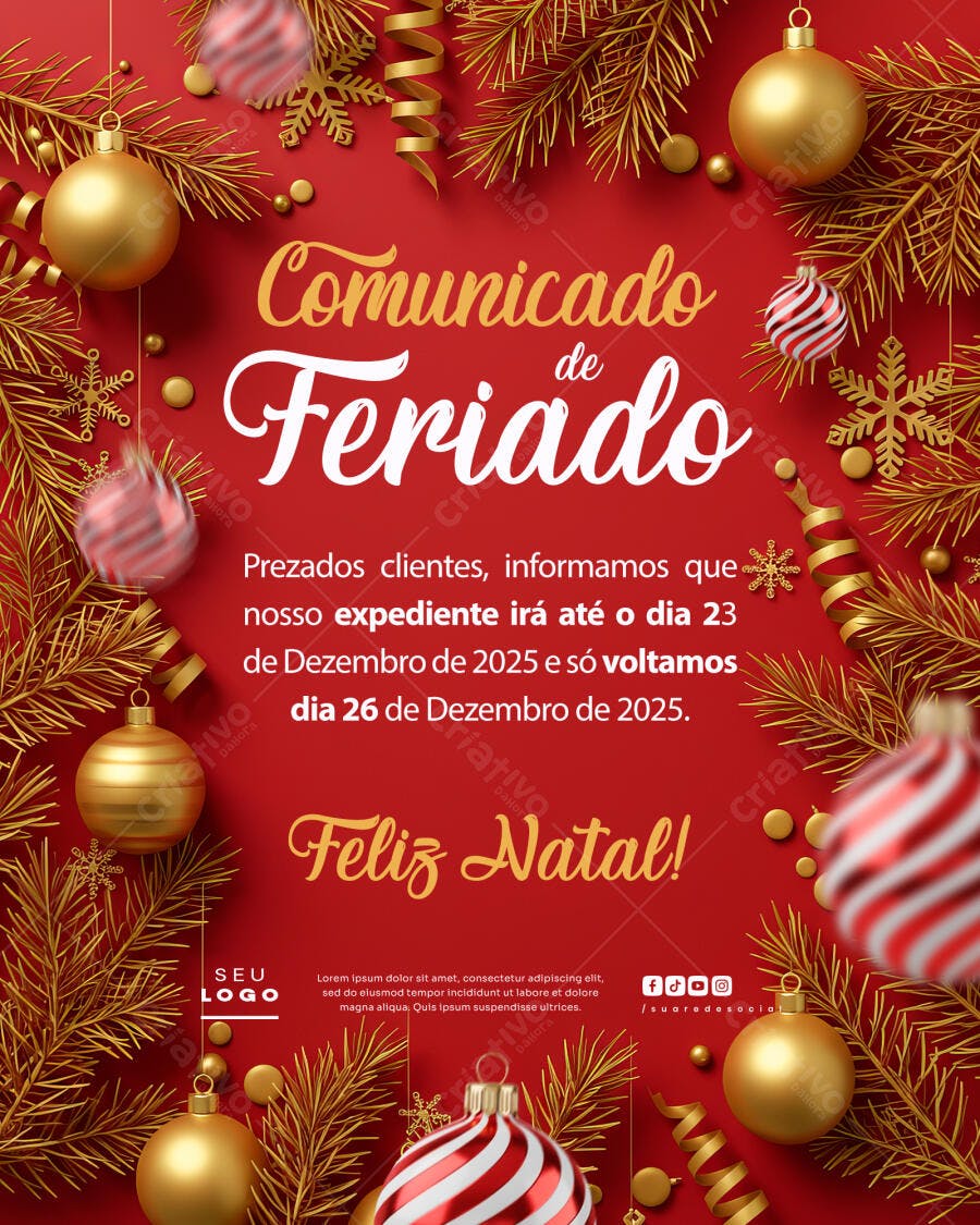 Comunicado de Férias Natalino PSD Editável