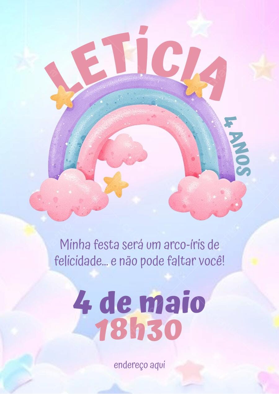 Convite de aniversário infantil Arco-íris Pastel Editável no Canva