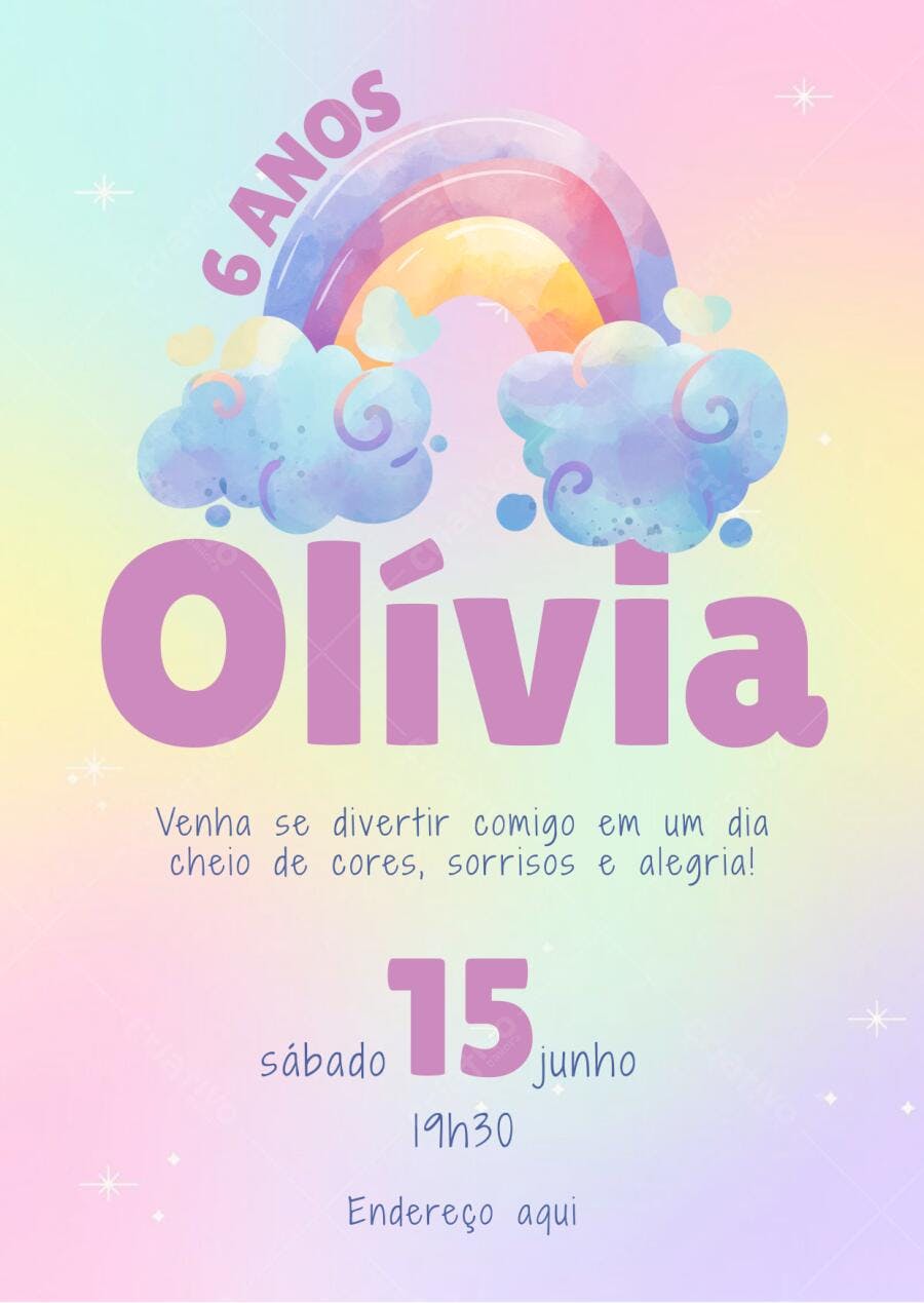 Convite de Aniversário Infantil Arco-Íris Nuvens Editável no Canva