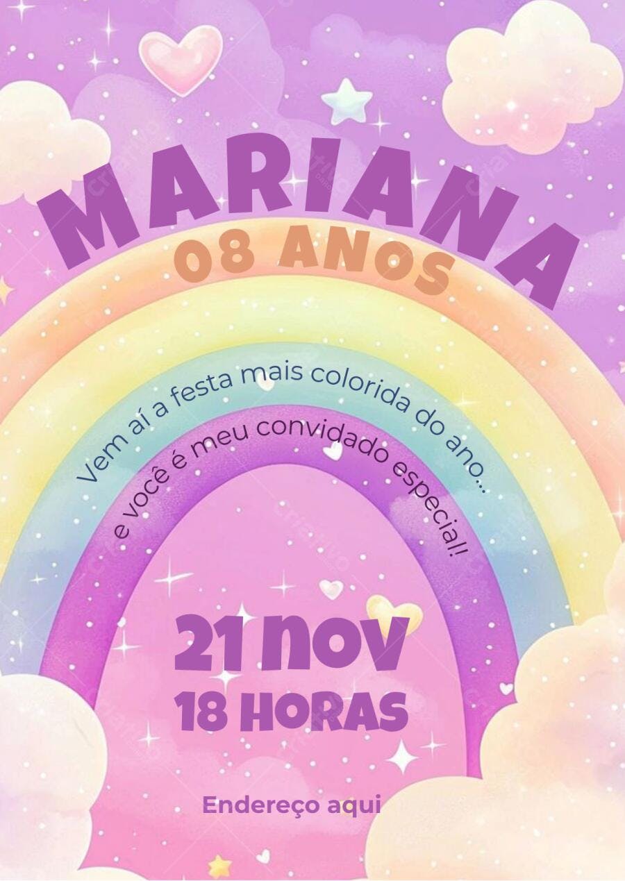 Convite de aniversário infantil arco-íris nuvem roxa Editável no Canva