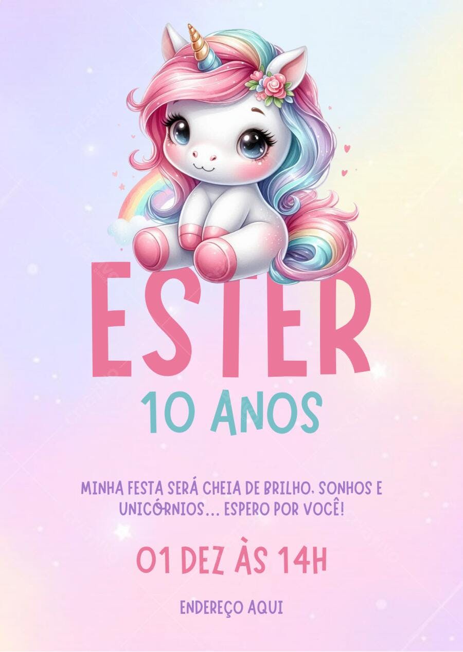 Convite de aniversário infantil unicórnio arco-íris Editável no Canva