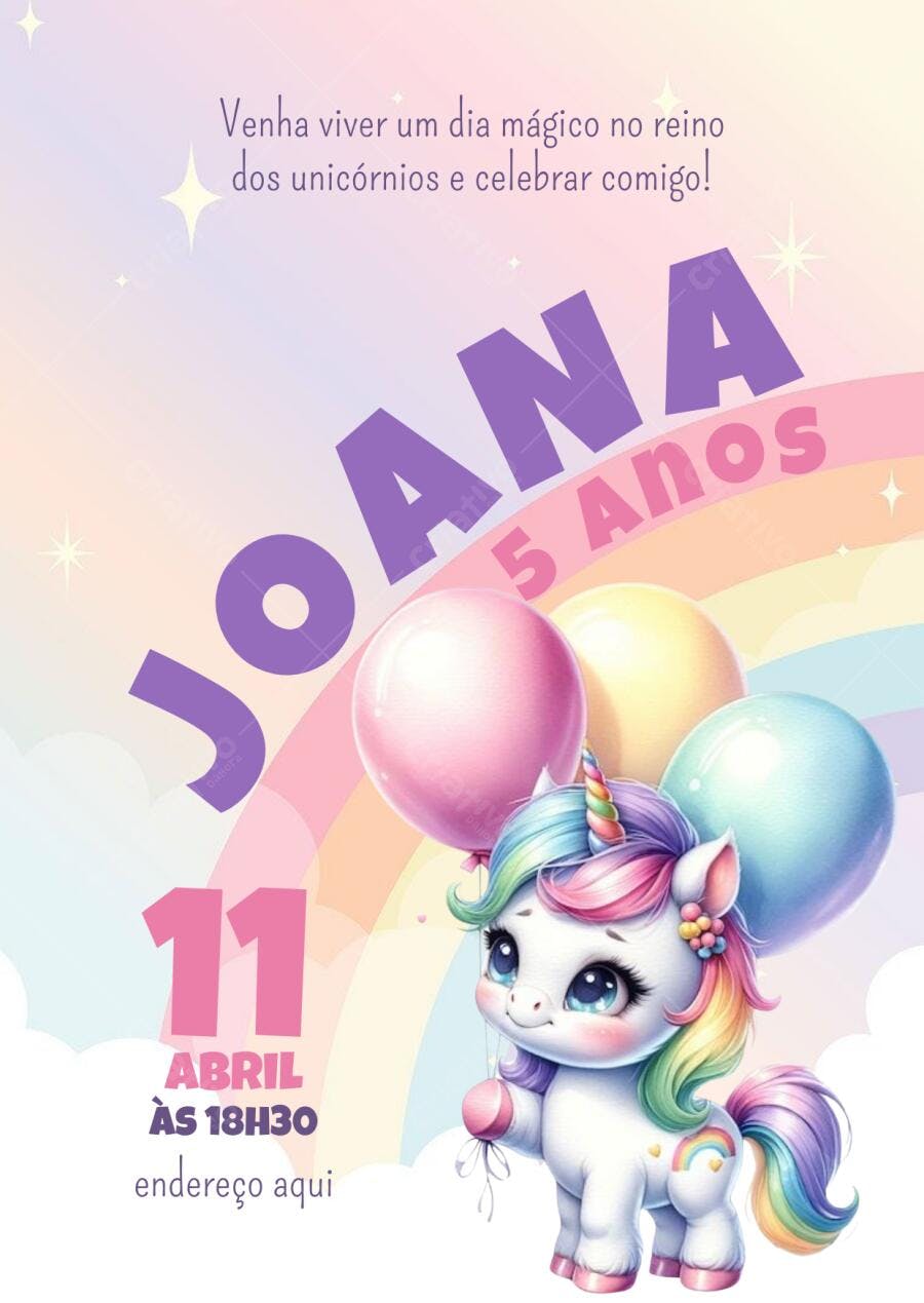Convite de aniversário infantil unicórnio arco-íris Editável no Canva