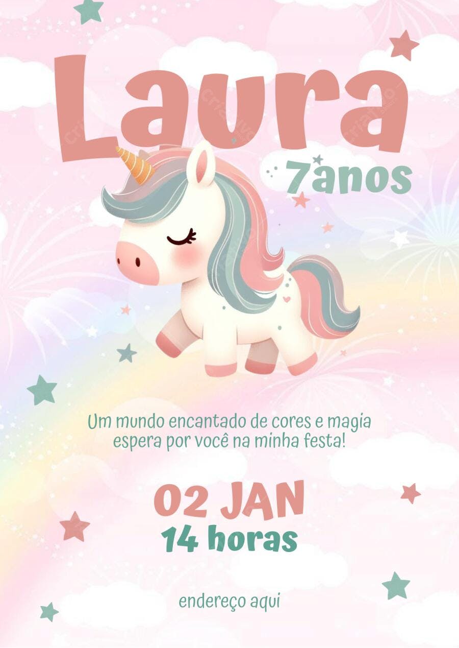 Convite de aniversário infantil Unicórnio Rosa e Azul Editável no Canva