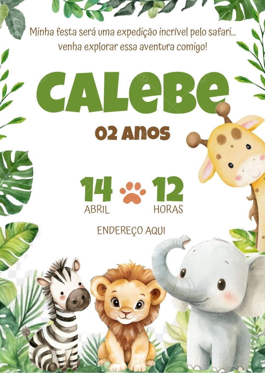 Convite Safari Aniversário Calebe 2 Anos Editável no Canva
