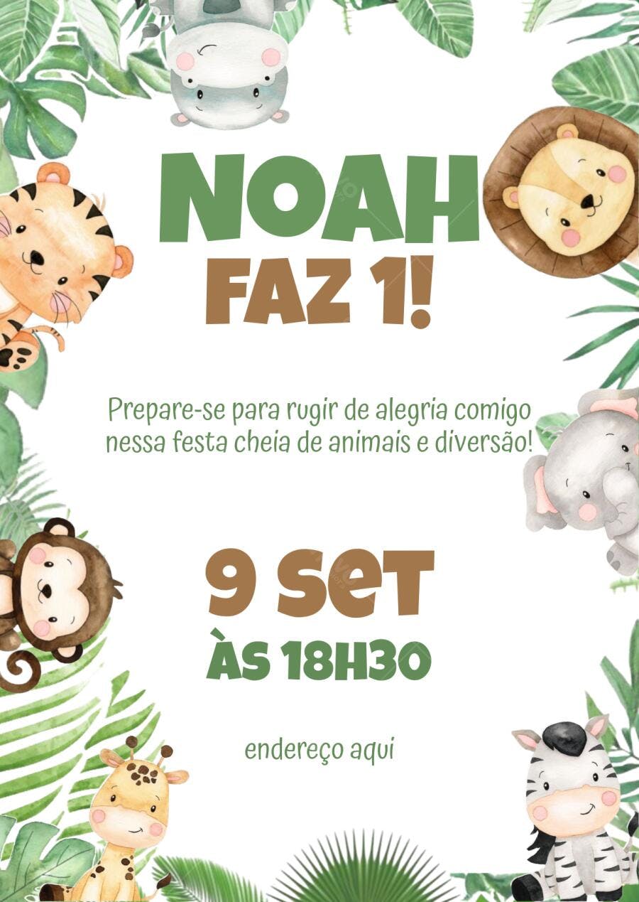 Convite Aniversário Safari Animais Fofos Editável no Canva