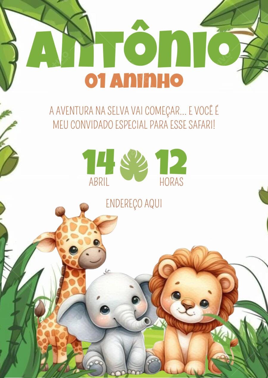 Convite Aniversário Safari com Animais fofos Editável no Canva