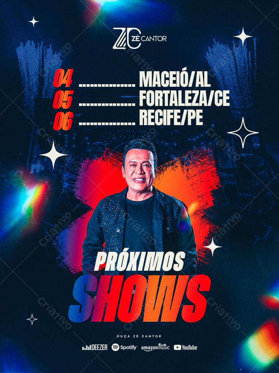 Flyer Shows Zé Cantor Maceió/AL, Fortaleza/CE, Recife/PE PSD Editável