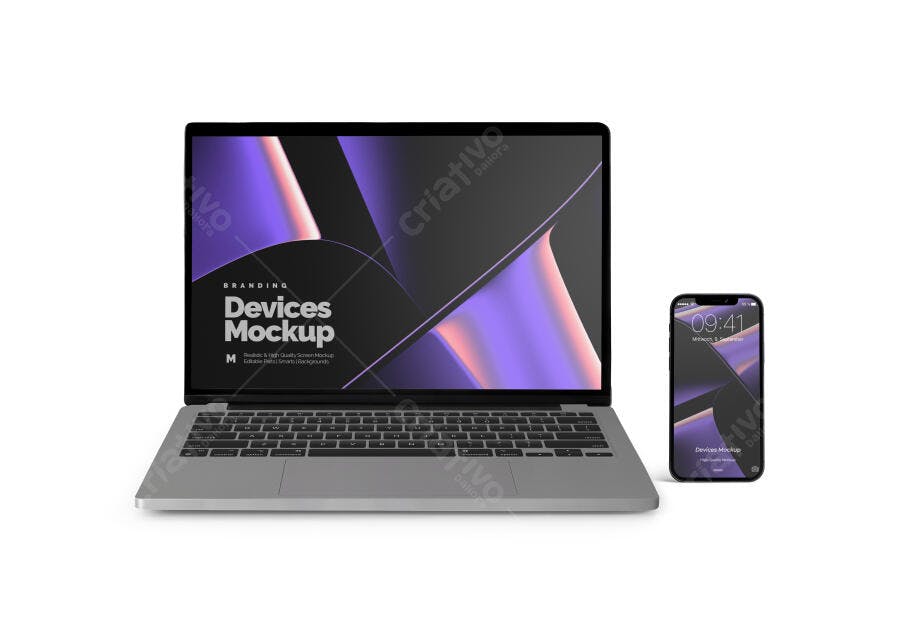 Mockup Notebook e Smartphone: Design Moderno em Tons Roxo e Cinza