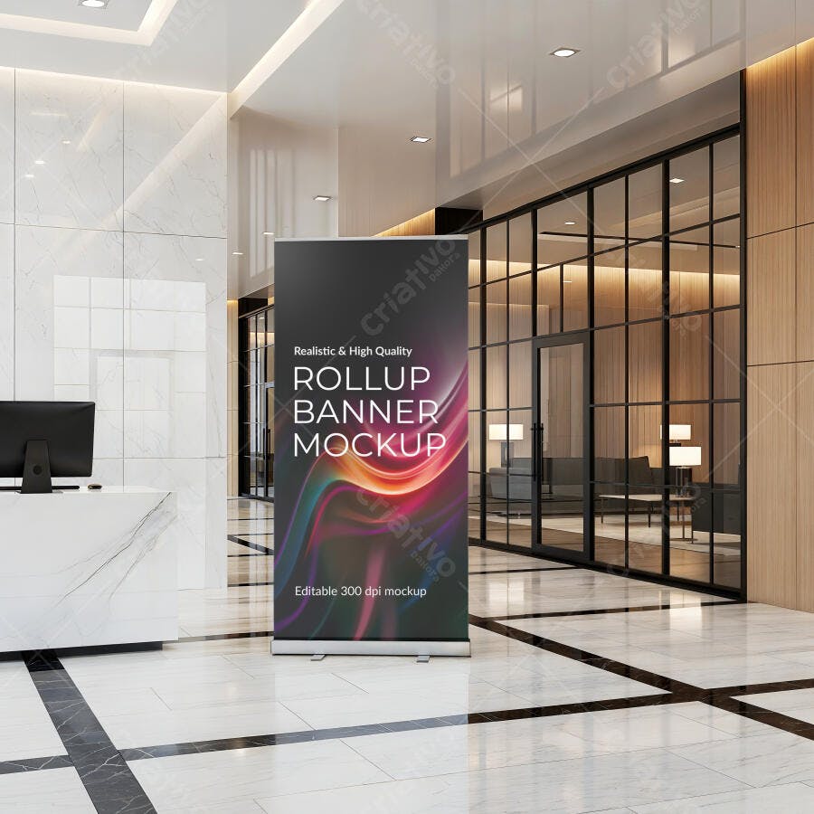 Mockup Realista de Banner Rollup em Hall Moderno