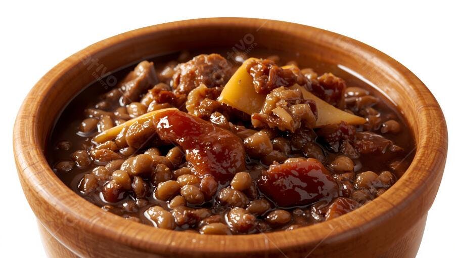 Lentilhas em molho escuro com carne em tigela de madeira