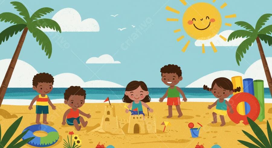 Crianças brincando na praia de areia