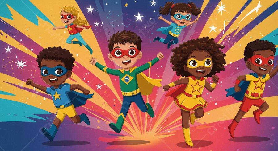 Crianças super-heróis correndo fundo vibrante